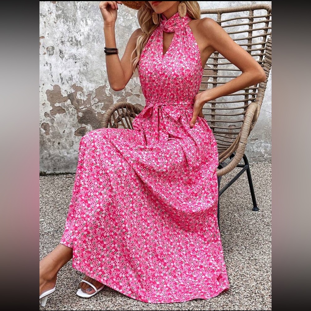#137  Floral mini ditsy Belted Halter Maxi Dress Pink